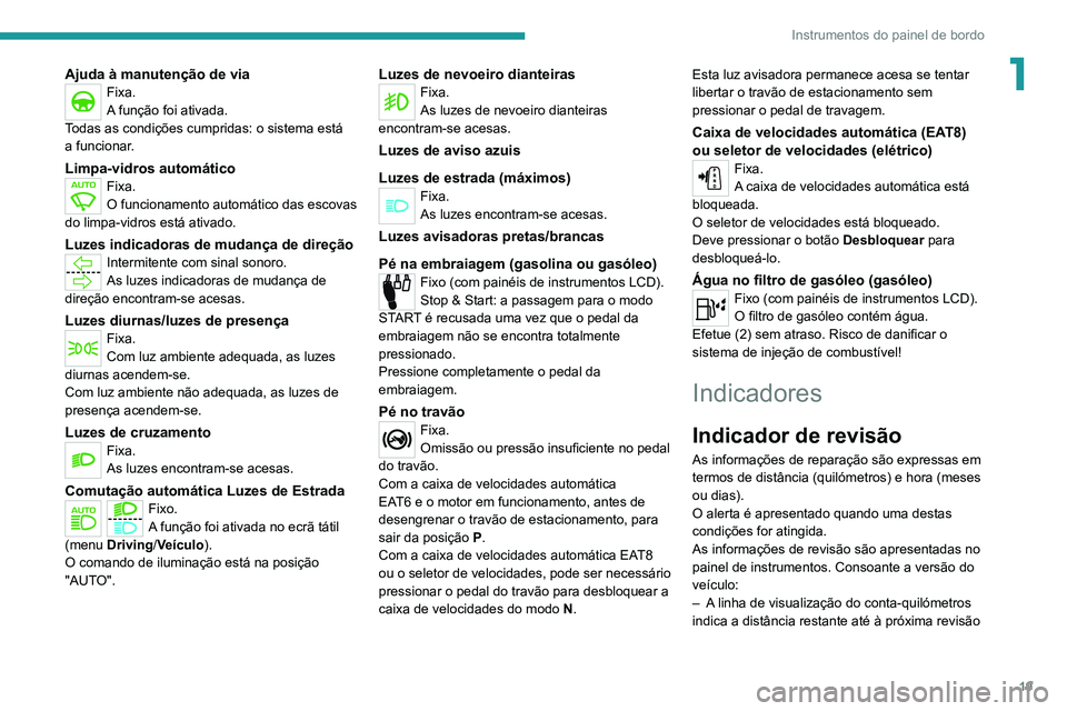 PEUGEOT 2008 2020 Manual de utilização (in Portuguese) 19
Instrumentos do painel de bordo
1Ajuda à manutenção de viaFixa.
A função foi ativada.
Todas as condições cumpridas: o sistema está
a funcionar.
Limpa-vidros automáticoFixa.
O funcionament PEUGEOT 2008 2020 Manual de utilização (in Portuguese) 19
Instrumentos do painel de bordo
1Ajuda à manutenção de viaFixa.
A função foi ativada.
Todas as condições cumpridas: o sistema está
a funcionar.
Limpa-vidros automáticoFixa.
O funcionament