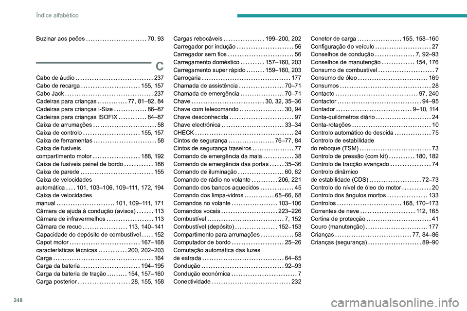 PEUGEOT 2008 2020 Manual de utilização (in Portuguese) 248
Índice alfabético
Buzinar aos peões 70, 93
C
Cabo de áudio 237Cabo de recarga 155, 157Cabo Jack 237Cadeiras para crianças 77, 81–82, 84
Cadeiras para crianças i-Size 86–87Cad PEUGEOT 2008 2020 Manual de utilização (in Portuguese) 248
Índice alfabético
Buzinar aos peões 70, 93
C
Cabo de áudio 237Cabo de recarga 155, 157Cabo Jack 237Cadeiras para crianças 77, 81–82, 84
Cadeiras para crianças i-Size 86–87Cad