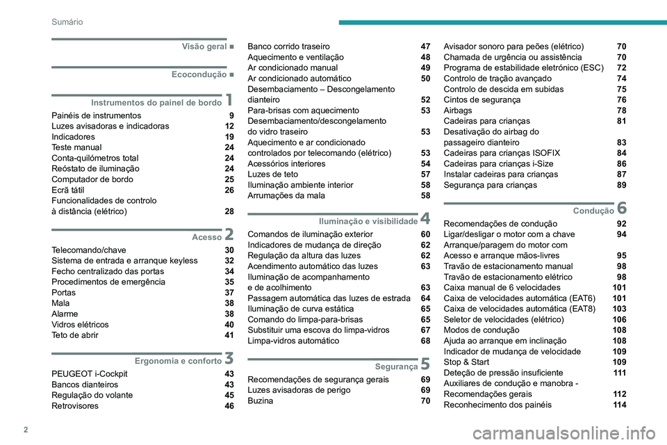 PEUGEOT 2008 2020  Manual de utilização (in Portuguese) 2
Sumário
 
 
 
 
 
   ■
Visão geral
  ■
Ecocondução
 1Instrumentos do painel de bordo
Painéis de instrumentos  9
Luzes avisadoras e indicadoras  12
Indicadores  19
Teste manual  24
Conta