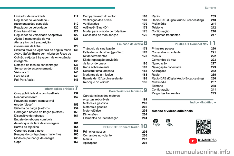 PEUGEOT 2008 2020 Manual de utilização (in Portuguese) 3
Sumário
bit.ly/helpPSA
Limitador de velocidade 11 7
Regulador de velocidade -
recomendações especiais
11 9
Regulador de velocidade 120
Drive Assist Plus 121
Regulador de Velo PEUGEOT 2008 2020 Manual de utilização (in Portuguese) 3
Sumário
bit.ly/helpPSA
Limitador de velocidade 11 7
Regulador de velocidade -
recomendações especiais
11 9
Regulador de velocidade 120
Drive Assist Plus 121
Regulador de Velo