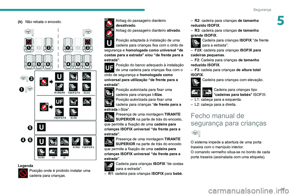 PEUGEOT 2008 2020 Manual de utilização (in Portuguese) 89
Segurança
5(k)Não rebata o encosto.
LegendaPosição onde é proibido instalar uma
cadeira para crianças.
Airbag do passageiro dianteiro
desativado.
Airbag do passageiro dianteiro ativado. PEUGEOT 2008 2020 Manual de utilização (in Portuguese) 89
Segurança
5(k)Não rebata o encosto.
LegendaPosição onde é proibido instalar uma
cadeira para crianças.
Airbag do passageiro dianteiro
desativado.
Airbag do passageiro dianteiro ativado.