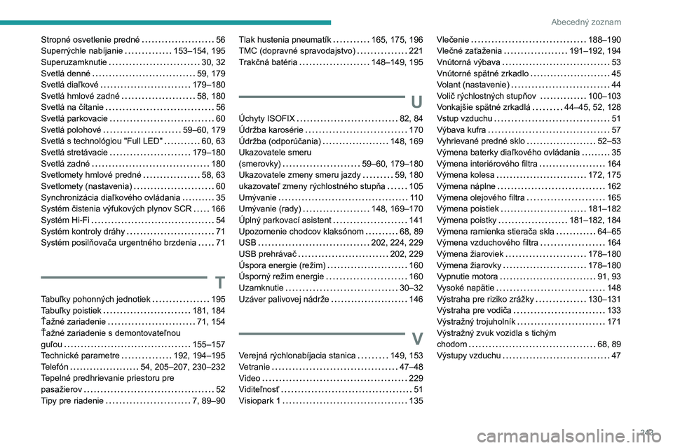 PEUGEOT 2008 2020 Návod na použitie (in Slovakian) 243
Abecedný zoznam
Stropné osvetlenie predné 56
Superrýchle nabíjanie
153–154, 195
Superuzamknutie
30, 32
Svetlá denné
59, 179
Svetlá diaľkové
179–180
Svetlá hm PEUGEOT 2008 2020 Návod na použitie (in Slovakian) 243
Abecedný zoznam
Stropné osvetlenie predné 56
Superrýchle nabíjanie
153–154, 195
Superuzamknutie
30, 32
Svetlá denné
59, 179
Svetlá diaľkové
179–180
Svetlá hm