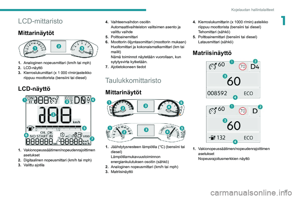 PEUGEOT 2008 2020 Omistajan Käsikirja (in Finnish) 9
Kojelaudan hallintalaitteet
1LCD-mittaristo
Mittarinäytöt
1.Analoginen nopeusmittari (km/h tai mph)
2. LCD-näyttö
3.
Kierroslukumittari (x 1 000 r/min)asteikko riippuu moottorista (bensiini t PEUGEOT 2008 2020 Omistajan Käsikirja (in Finnish) 9
Kojelaudan hallintalaitteet
1LCD-mittaristo
Mittarinäytöt
1.Analoginen nopeusmittari (km/h tai mph)
2. LCD-näyttö
3.
Kierroslukumittari (x 1 000 r/min)asteikko riippuu moottorista (bensiini t