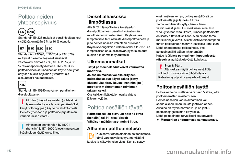 PEUGEOT 2008 2020  Omistajan Käsikirja (in Finnish) 142
Hyödyllisiä tietoja
Polttoaineiden 
yhteensopivuus
  
Standardin EN228 mukaiset bensiinipolttoaineet 
sisältävät enintään 5 % ja 10 % etanolia.
  
Standardien EN590, EN16734 ja EN16