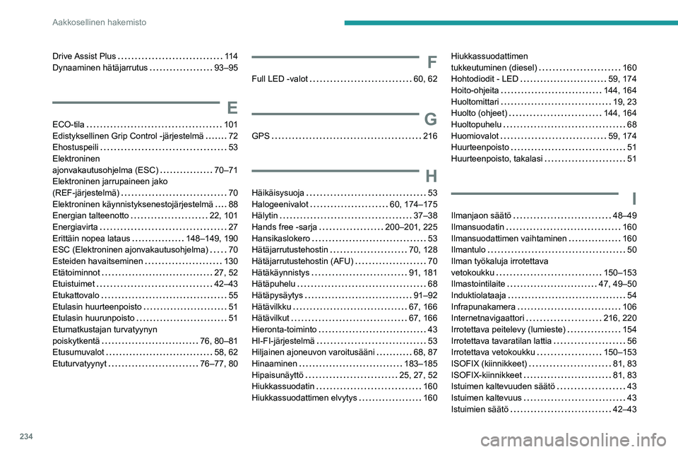 PEUGEOT 2008 2020 Omistajan Käsikirja (in Finnish) 234
Aakkosellinen hakemisto
Drive Assist Plus 11 4Dynaaminen hätäjarrutus 93–95
E
ECO-tila 101Edistyksellinen Grip Control -järjestelmä 72Ehostuspeili 53
Elektroninen ajonvakautu PEUGEOT 2008 2020 Omistajan Käsikirja (in Finnish) 234
Aakkosellinen hakemisto
Drive Assist Plus 11 4Dynaaminen hätäjarrutus 93–95
E
ECO-tila 101Edistyksellinen Grip Control -järjestelmä 72Ehostuspeili 53
Elektroninen ajonvakautu