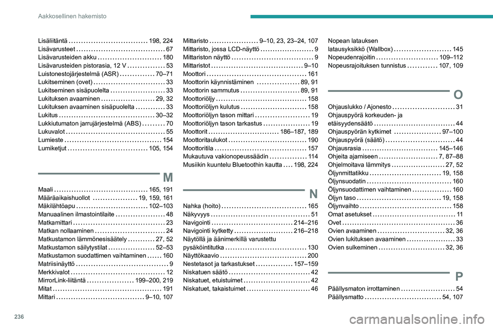 PEUGEOT 2008 2020 Omistajan Käsikirja (in Finnish) 236
Aakkosellinen hakemisto
Lisäliitäntä 198, 224Lisävarusteet 67Lisävarusteiden akku 180Lisävarusteiden pistorasia, 12 V 53Luistonestojärjestelmä (ASR) 70–71Lukitseminen ( PEUGEOT 2008 2020 Omistajan Käsikirja (in Finnish) 236
Aakkosellinen hakemisto
Lisäliitäntä 198, 224Lisävarusteet 67Lisävarusteiden akku 180Lisävarusteiden pistorasia, 12 V 53Luistonestojärjestelmä (ASR) 70–71Lukitseminen (