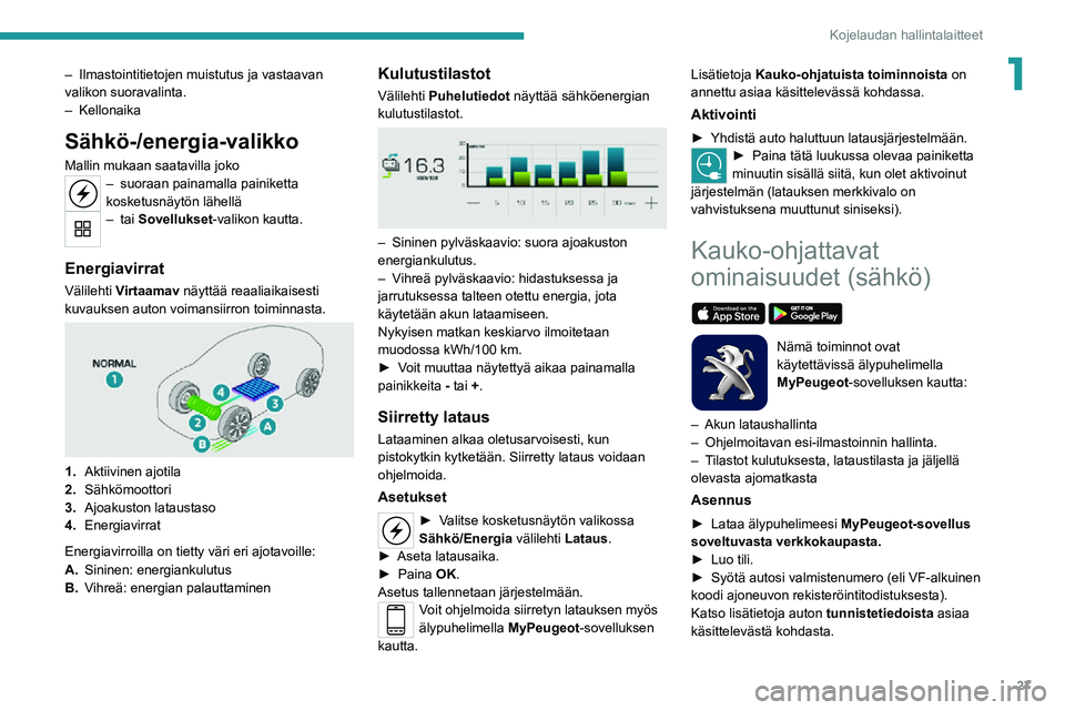 PEUGEOT 2008 2020 Omistajan Käsikirja (in Finnish) 27
Kojelaudan hallintalaitteet
1– Ilmastointitietojen muistutus ja vastaavan valikon suoravalinta.– Kellonaika
Sähkö-/energia-valikko
Mallin mukaan saatavilla joko– suoraan painamalla painiket PEUGEOT 2008 2020 Omistajan Käsikirja (in Finnish) 27
Kojelaudan hallintalaitteet
1– Ilmastointitietojen muistutus ja vastaavan valikon suoravalinta.– Kellonaika
Sähkö-/energia-valikko
Mallin mukaan saatavilla joko– suoraan painamalla painiket