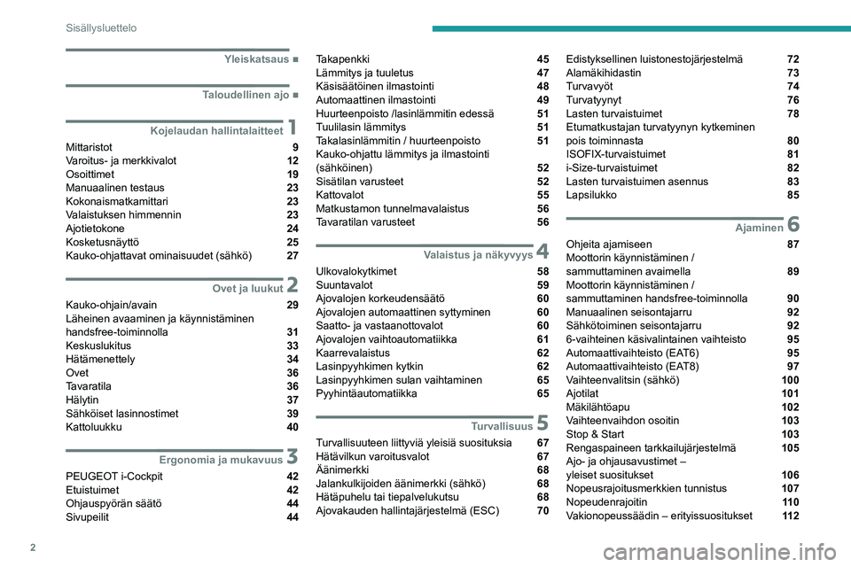 PEUGEOT 2008 2020  Omistajan Käsikirja (in Finnish) 2
Sisällysluettelo
 
 
 
 
 
   ■
Yleiskatsaus
  ■
Taloudellinen ajo
 1Kojelaudan hallintalaitteet
Mittaristot  9
Varoitus- ja merkkivalot  12
Osoittimet  19
Manuaalinen testaus  23
Kokonaism