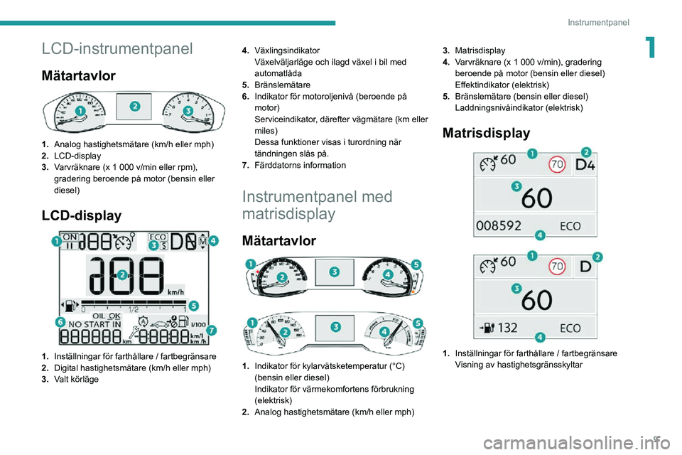 PEUGEOT 2008 2020 Bruksanvisningar (in Swedish) 9
Instrumentpanel
1LCD-instrumentpanel
Mätartavlor
1.Analog hastighetsmätare (km/h eller mph)
2. LCD-display
3. Varvräknare (x 1 000 v/min eller rpm),
gradering beroende på motor (bensin eller PEUGEOT 2008 2020 Bruksanvisningar (in Swedish) 9
Instrumentpanel
1LCD-instrumentpanel
Mätartavlor
1.Analog hastighetsmätare (km/h eller mph)
2. LCD-display
3. Varvräknare (x 1 000 v/min eller rpm),
gradering beroende på motor (bensin eller