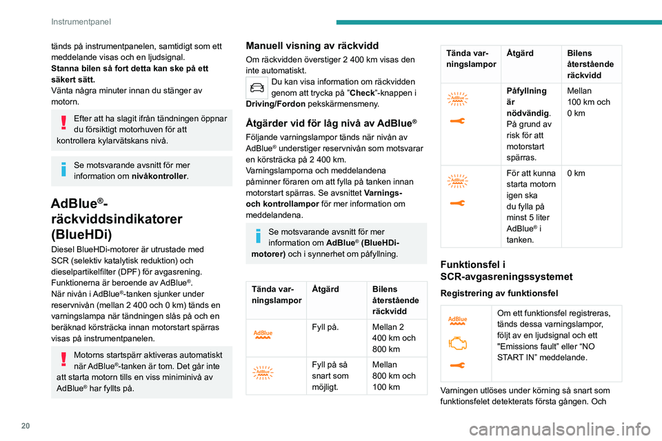 PEUGEOT 2008 2020 Bruksanvisningar (in Swedish) 20
Instrumentpanel
tänds på instrumentpanelen, samtidigt som ett
meddelande visas och en ljudsignal.
Stanna bilen så fort detta kan ske på ett
säkert sätt.
Vänta några minuter innan du stän PEUGEOT 2008 2020 Bruksanvisningar (in Swedish) 20
Instrumentpanel
tänds på instrumentpanelen, samtidigt som ett
meddelande visas och en ljudsignal.
Stanna bilen så fort detta kan ske på ett
säkert sätt.
Vänta några minuter innan du stän