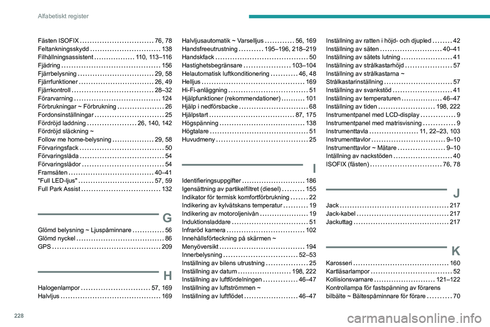 PEUGEOT 2008 2020 Bruksanvisningar (in Swedish) 228
Alfabetiskt register
Fästen ISOFIX 76, 78Feltankningsskydd 138Filhållningsassistent 110, 113–116Fjädring 156Fjärrbelysning 29, 58Fjärrfunktioner 26, 49Fjärrkontroll 28–32F PEUGEOT 2008 2020 Bruksanvisningar (in Swedish) 228
Alfabetiskt register
Fästen ISOFIX 76, 78Feltankningsskydd 138Filhållningsassistent 110, 113–116Fjädring 156Fjärrbelysning 29, 58Fjärrfunktioner 26, 49Fjärrkontroll 28–32F