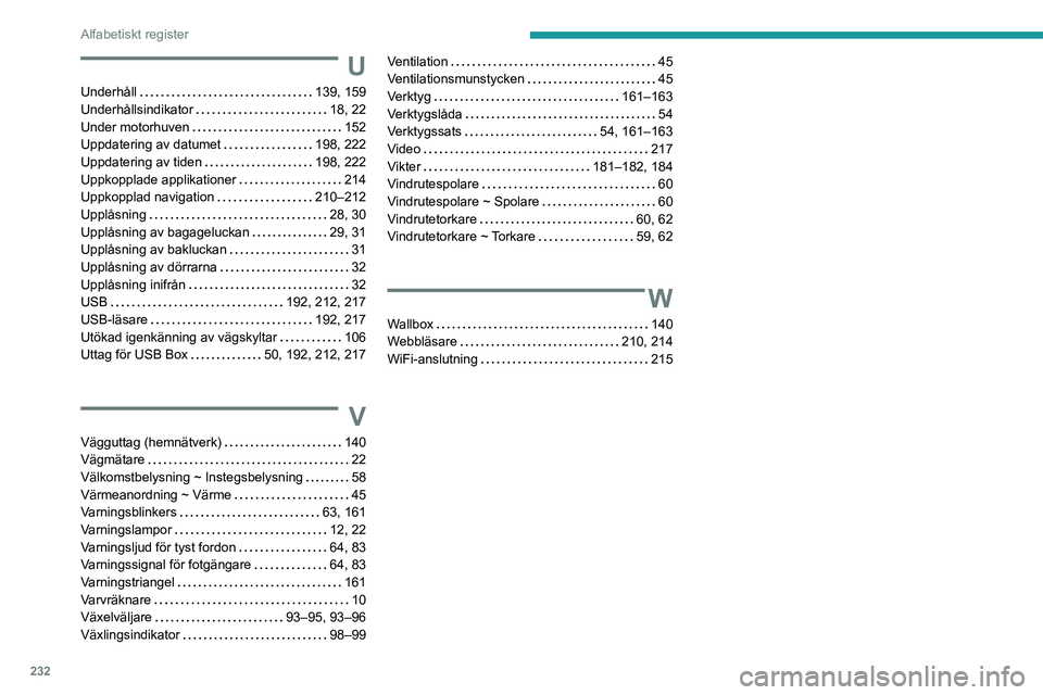 PEUGEOT 2008 2020 Bruksanvisningar (in Swedish) 232
Alfabetiskt register
U
Underhåll 139, 159Underhållsindikator 18, 22Under motorhuven 152Uppdatering av datumet 198, 222Uppdatering av tiden 198, 222Uppkopplade applikationer 214Uppkop PEUGEOT 2008 2020 Bruksanvisningar (in Swedish) 232
Alfabetiskt register
U
Underhåll 139, 159Underhållsindikator 18, 22Under motorhuven 152Uppdatering av datumet 198, 222Uppdatering av tiden 198, 222Uppkopplade applikationer 214Uppkop