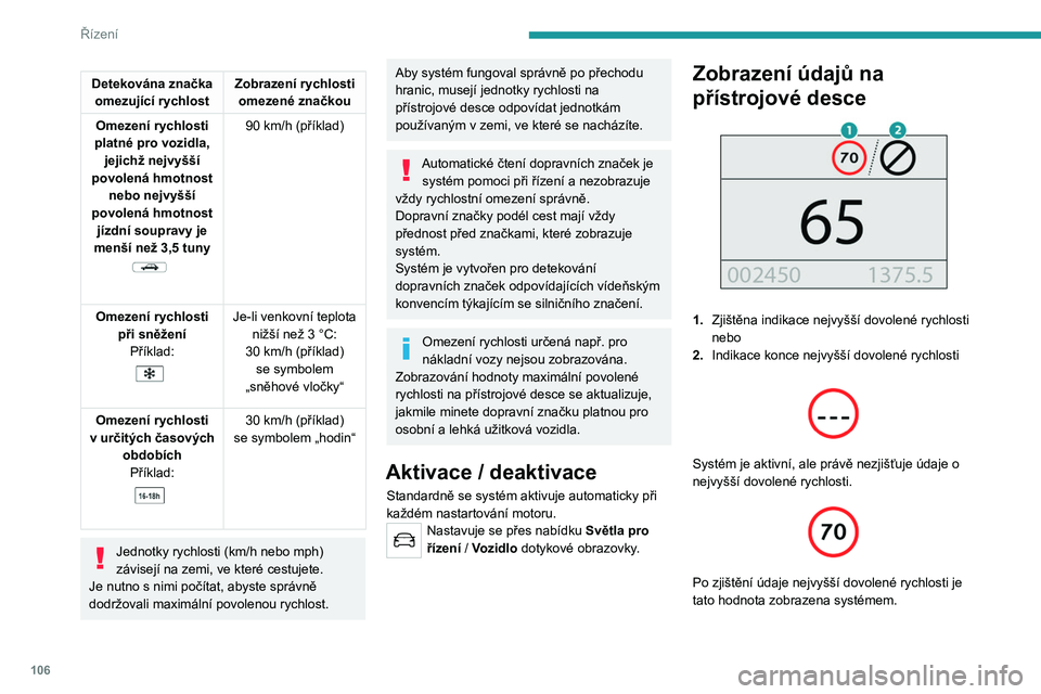 PEUGEOT 2008 2020 Návod na použití (in Czech) 106
Řízení
V případě doporučené maximální rychlosti,
kterou vozidlo poprvé překročí o hodnotu větší
než 5 km/h (např. 95 km/h), se maximální
rychlost zobrazí blikající po PEUGEOT 2008 2020 Návod na použití (in Czech) 106
Řízení
V případě doporučené maximální rychlosti,
kterou vozidlo poprvé překročí o hodnotu větší
než 5 km/h (např. 95 km/h), se maximální
rychlost zobrazí blikající po