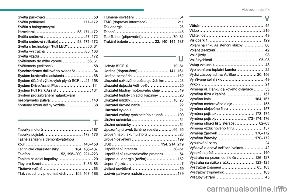 PEUGEOT 2008 2020 Návod na použití (in Czech) 233
Abecední rejstřík
Světla parkovací 58
Světla potkávací
171–172
Světla s halogenovými
žárovkami
58, 171–172
Světla směrová
57, 172
Světla směrová (blikač PEUGEOT 2008 2020 Návod na použití (in Czech) 233
Abecední rejstřík
Světla parkovací 58
Světla potkávací
171–172
Světla s halogenovými
žárovkami
58, 171–172
Světla směrová
57, 172
Světla směrová (blikač