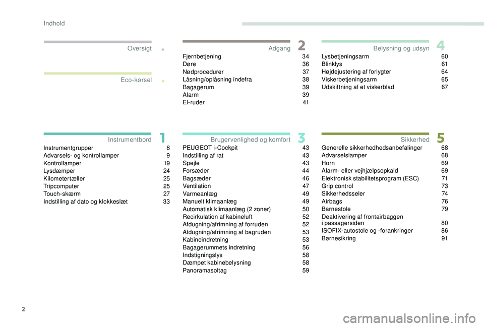 PEUGEOT 2008 2018  Brugsanvisning (in Danish) 2
.
.
Instrumentgrupper 8
Advarsels- og kontrollamper 9
K
ontrollamper
 
 19
Lysdæmper
 

24
Kilometertæller
 2

5
Tripcomputer
 

25
Touch-skærm
 

27
Indstilling af dato og klokkeslæt
 
3
 3Fjer