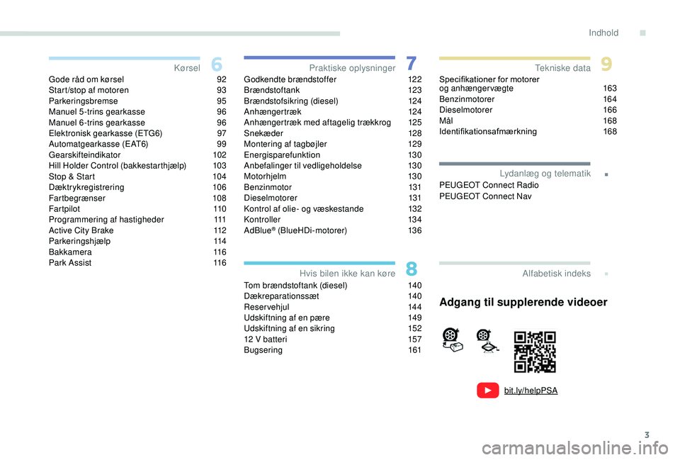 PEUGEOT 2008 2018  Brugsanvisning (in Danish) 3
.
bit.ly/helpPSA
.
Gode råd om kørsel 92
Start /stop af motoren  9 3
Parkeringsbremse
 

95
Manuel 5 -trins gearkasse
 
9
 6
Manuel 6 -trins gearkasse
 
9
 6
Elektronisk gearkasse (ETG6)
 
9
 7
Au