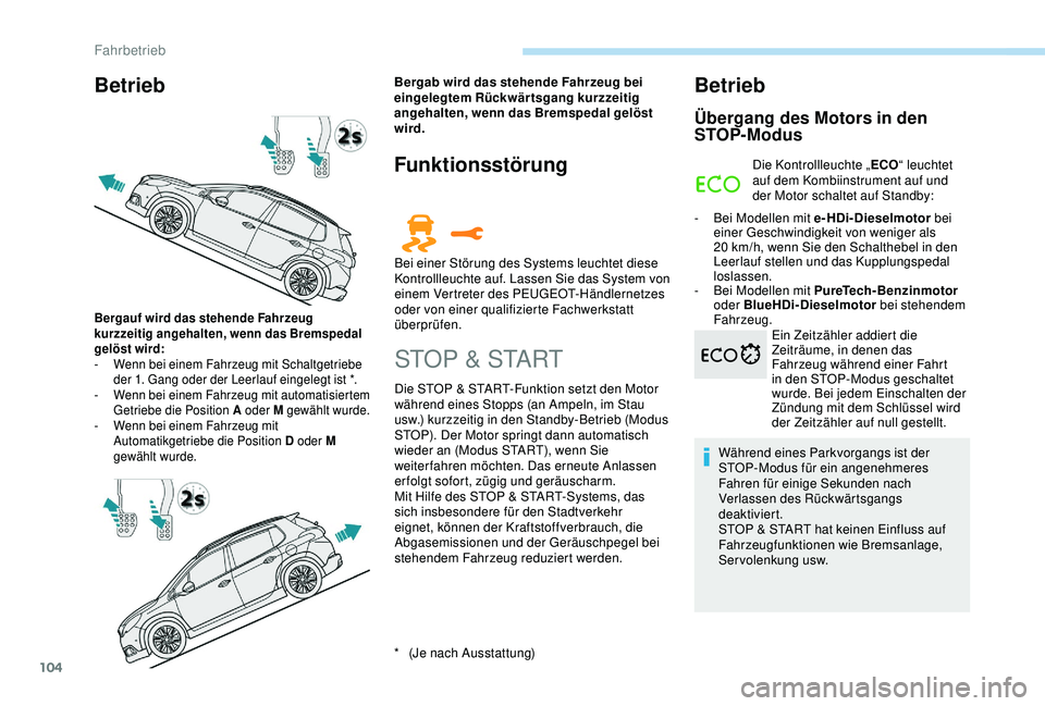 PEUGEOT 2008 2018 Betriebsanleitungen (in German) 104
Betrieb
* (Je nach Ausstattung)
Bergauf wird das stehende Fahrzeug
kurzzeitig angehalten, wenn das Bremspedal
gelöst wird:
-
W
enn bei einem Fahrzeug mit Schaltgetriebe
der 1. Gang oder der PEUGEOT 2008 2018 Betriebsanleitungen (in German) 104
Betrieb
* (Je nach Ausstattung)
Bergauf wird das stehende Fahrzeug
kurzzeitig angehalten, wenn das Bremspedal
gelöst wird:
-
W
enn bei einem Fahrzeug mit Schaltgetriebe
der 1. Gang oder der