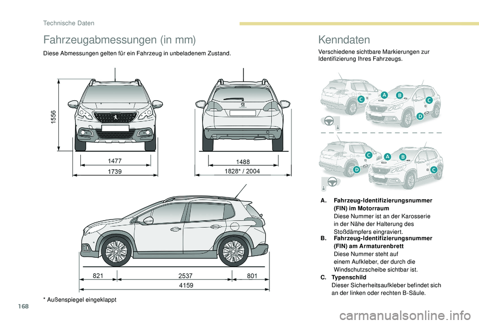PEUGEOT 2008 2018 Betriebsanleitungen (in German) 168
Fahrzeugabmessungen (in mm)
Diese Abmessungen gelten für ein Fahrzeug in unbeladenem Zustand.
* Außenspiegel eingeklappt
Kenndaten
Verschiedene sichtbare Markierungen zur
Identifizierung Ihres PEUGEOT 2008 2018 Betriebsanleitungen (in German) 168
Fahrzeugabmessungen (in mm)
Diese Abmessungen gelten für ein Fahrzeug in unbeladenem Zustand.
* Außenspiegel eingeklappt
Kenndaten
Verschiedene sichtbare Markierungen zur
Identifizierung Ihres