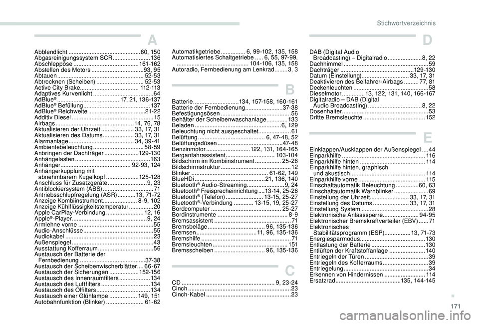 PEUGEOT 2008 2018  Betriebsanleitungen (in German) 171
A
Abblendlicht ............................................ 6 0, 15 0
Abgasreinigungssystem SCR  .......................13 6
Abschleppöse
 

........................................ 161-162
Abste