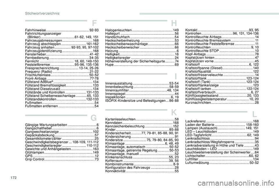 PEUGEOT 2008 2018  Betriebsanleitungen (in German) 172
F
Fahrhinweise .............................................92-93
Fahrtrichtungsanzeiger  (Blinker) ....................................61- 62, 149, 151
Fahrzeugabmessungen
 

....................
