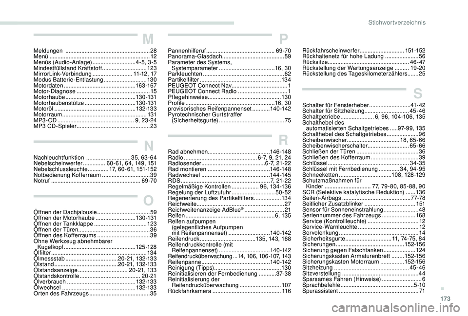 PEUGEOT 2008 2018  Betriebsanleitungen (in German) 173
P
Pannenhilferuf ........................................... 69 -70
Panorama-Glasdach  ....................................... 59
Parameter des Systems,  Systemparameter
 .........................