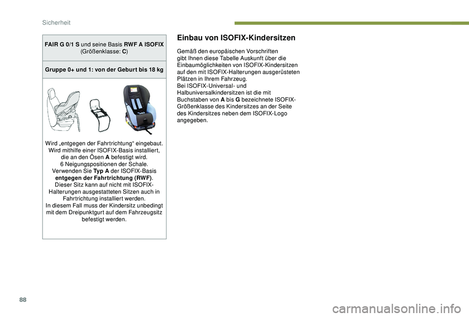 PEUGEOT 2008 2018 Betriebsanleitungen (in German) 88
Einbau von ISOFIX-Kindersitzen
Gemäß den europäischen Vorschriften
gibt Ihnen diese Tabelle Auskunft über die
Einbaumöglichkeiten von ISOFIX-Kindersitzen
auf den mit ISOFIX-Halterungen ausg PEUGEOT 2008 2018 Betriebsanleitungen (in German) 88
Einbau von ISOFIX-Kindersitzen
Gemäß den europäischen Vorschriften
gibt Ihnen diese Tabelle Auskunft über die
Einbaumöglichkeiten von ISOFIX-Kindersitzen
auf den mit ISOFIX-Halterungen ausg