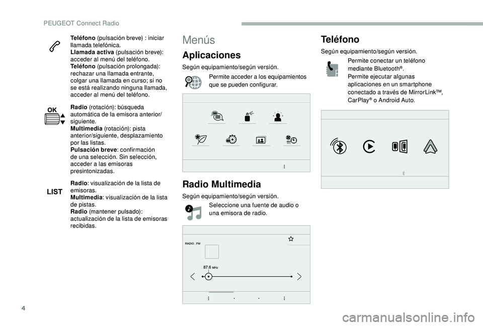 PEUGEOT 2008 2018  Manual del propietario (in Spanish) 4
Teléfono (pulsación breve) : iniciar 
llamada telefónica.
Llamada activa  (pulsación breve): 
acceder al menú del teléfono.
Teléfono  (pulsación prolongada): 
rechazar una llamada entrante, 