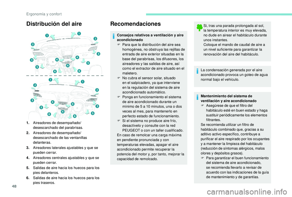 PEUGEOT 2008 2018 Manual del propietario (in Spanish) 48
Distribución del aire
1.Aireadores de desempañado/
desescarchado del parabrisas.
2. Aireadores de desempañado/
desescarchado de las ventanillas
delanteras.
3. Aireadores laterales ajustables y PEUGEOT 2008 2018 Manual del propietario (in Spanish) 48
Distribución del aire
1.Aireadores de desempañado/
desescarchado del parabrisas.
2. Aireadores de desempañado/
desescarchado de las ventanillas
delanteras.
3. Aireadores laterales ajustables y