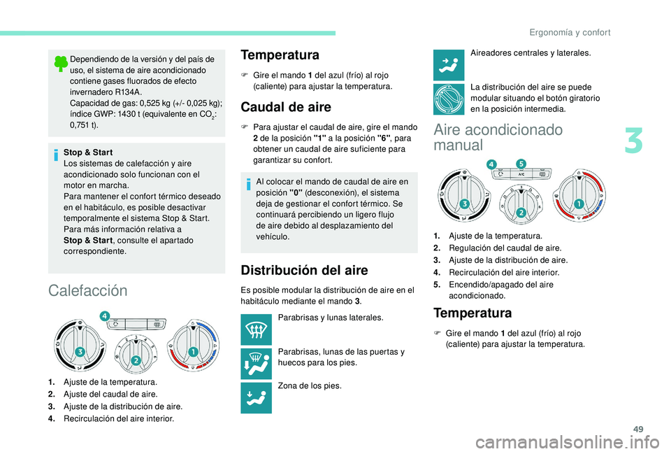 PEUGEOT 2008 2018 Manual del propietario (in Spanish) 49
Dependiendo de la versión y del país de
uso, el sistema de aire acondicionado
contiene gases fluorados de efecto
invernadero R134A.
Capacidad de gas: 0,525 kg (+/- 0,025 kg);
índice GWP: 143 PEUGEOT 2008 2018 Manual del propietario (in Spanish) 49
Dependiendo de la versión y del país de
uso, el sistema de aire acondicionado
contiene gases fluorados de efecto
invernadero R134A.
Capacidad de gas: 0,525 kg (+/- 0,025 kg);
índice GWP: 143