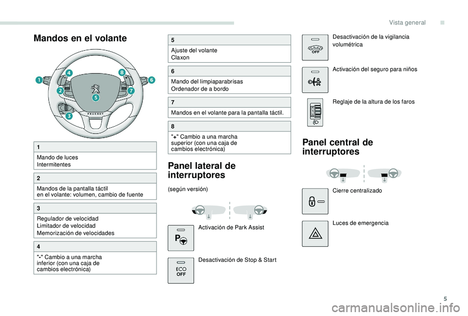 PEUGEOT 2008 2018  Manual del propietario (in Spanish) 5
Mandos en el volante5
Ajuste del volante
Claxon
6
Mando del limpiaparabrisas
Ordenador de a bordo
7
Mandos en el volante para la pantalla táctil.
8
"+ " Cambio a una marcha 
superior (con u