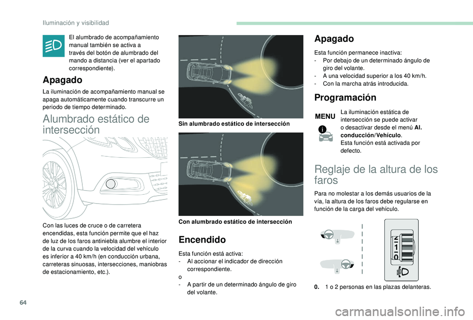 PEUGEOT 2008 2018 Manual del propietario (in Spanish) 64
El alumbrado de acompañamiento
manual también se activa a
través del botón de alumbrado del
mando a distancia (ver el apartado
correspondiente).
Apagado
La iluminación de acompañamiento m PEUGEOT 2008 2018 Manual del propietario (in Spanish) 64
El alumbrado de acompañamiento
manual también se activa a
través del botón de alumbrado del
mando a distancia (ver el apartado
correspondiente).
Apagado
La iluminación de acompañamiento m