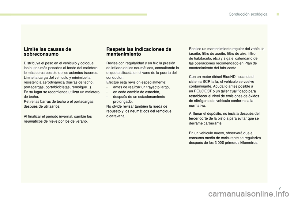 PEUGEOT 2008 2018  Manual del propietario (in Spanish) 7
Limite las causas de 
sobreconsumo
Distribuya el peso en el vehículo y coloque 
los bultos más pesados al fondo del maletero, 
lo
 
más cerca posible de los asientos traseros.
Limite la carga del