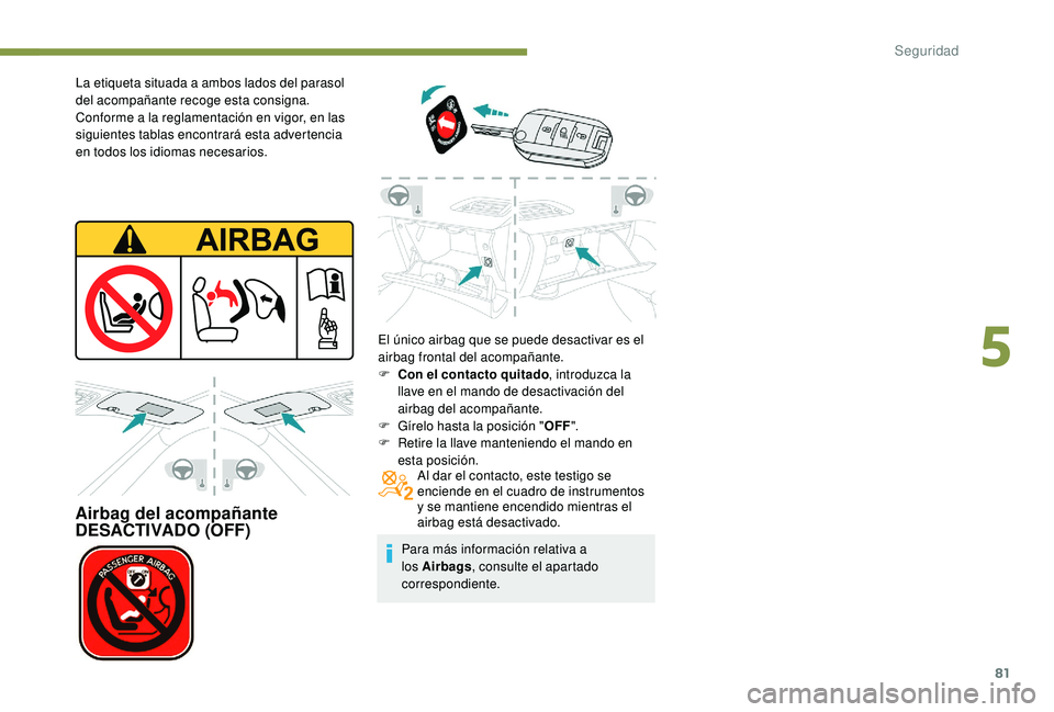 PEUGEOT 2008 2018  Manual del propietario (in Spanish) 81
La etiqueta situada a ambos lados del parasol 
del acompañante recoge esta consigna.
Conforme a la reglamentación en vigor, en las 
siguientes tablas encontrará esta advertencia 
en todos los id