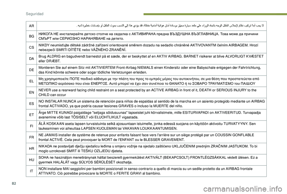 PEUGEOT 2008 2018  Manual del propietario (in Spanish) 82
AR
BG НИКОГА НЕ инсталирайте детско столче на седалка с АКТИВИРАНА предна ВЪЗДУШНА ВЪЗГЛАВНИЦА. Това може да 