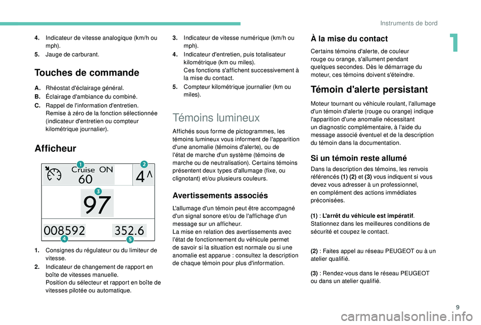 PEUGEOT 2008 2018 Manuel du propriétaire (in French) 9
Touches de commande
A.Rhéostat d'éclairage général.
B. Éclairage d'ambiance du combiné.
C. Rappel de l'information d'entretien.
Remise à zéro de la fonction sélectionnée
( PEUGEOT 2008 2018 Manuel du propriétaire (in French) 9
Touches de commande
A.Rhéostat d'éclairage général.
B. Éclairage d'ambiance du combiné.
C. Rappel de l'information d'entretien.
Remise à zéro de la fonction sélectionnée
(