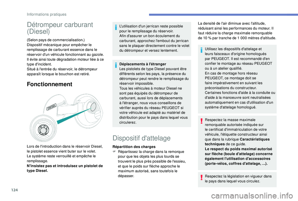 PEUGEOT 2008 2018 Manuel du propriétaire (in French) 124
Détrompeur carburant
(Diesel)
(Selon pays de commercialisation.)
Dispositif mécanique pour empêcher le
remplissage de carburant essence dans le
réser voir d'un véhicule fonctionnant au PEUGEOT 2008 2018 Manuel du propriétaire (in French) 124
Détrompeur carburant
(Diesel)
(Selon pays de commercialisation.)
Dispositif mécanique pour empêcher le
remplissage de carburant essence dans le
réser voir d'un véhicule fonctionnant au
