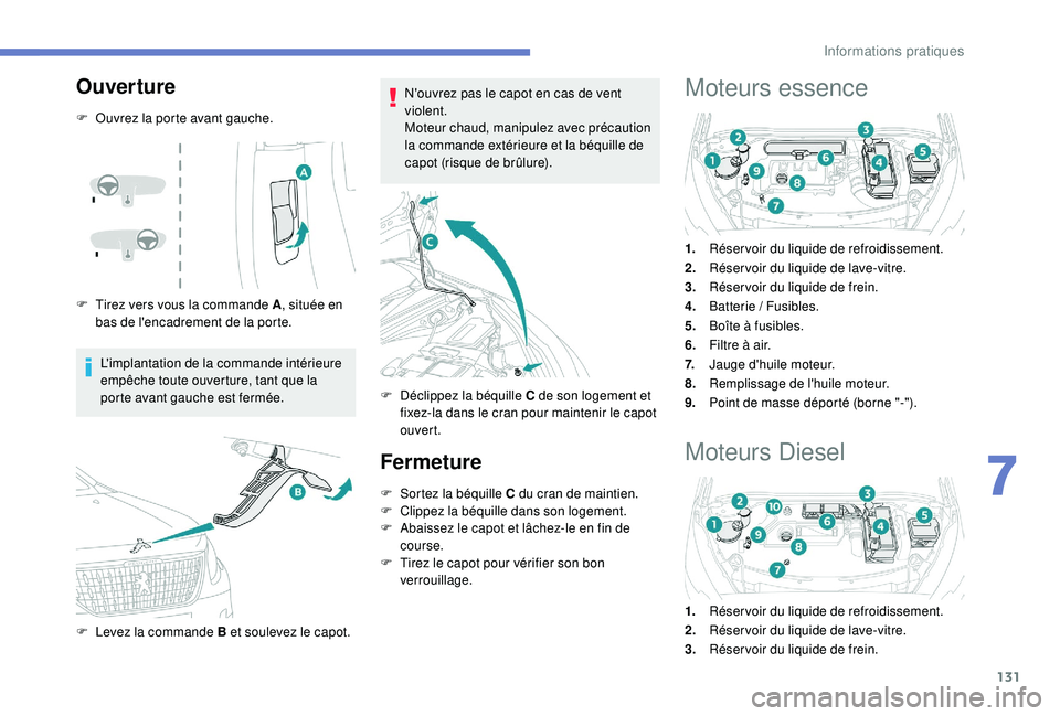 PEUGEOT 2008 2018  Manuel du propriétaire (in French) 131
Ouverture
F Ouvrez la porte avant gauche.
F 
T
 irez vers vous la commande A , située en 
bas de l'encadrement de la porte.
L'implantation de la commande intérieure 
empêche toute ouver