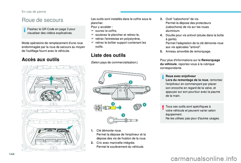 PEUGEOT 2008 2018 Manuel du propriétaire (in French) 144
Roue de secours
Flashez le QR Code en page 3 pour
visualiser des vidéos explicatives.
Mode opératoire de remplacement d'une roue
endommagée par la roue de secours au moyen
de l'outil PEUGEOT 2008 2018 Manuel du propriétaire (in French) 144
Roue de secours
Flashez le QR Code en page 3 pour
visualiser des vidéos explicatives.
Mode opératoire de remplacement d'une roue
endommagée par la roue de secours au moyen
de l'outil