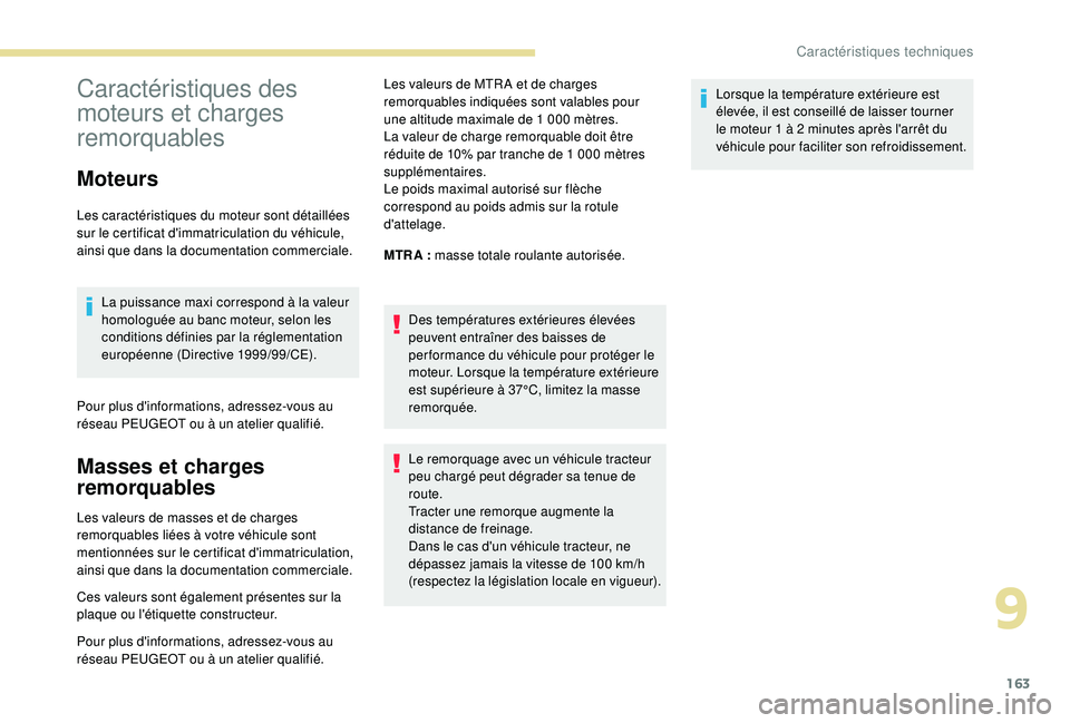 PEUGEOT 2008 2018 Manuel du propriétaire (in French) 163
Caractéristiques des
moteurs et charges
remorquables
Moteurs
Les caractéristiques du moteur sont détaillées
sur le certificat d'immatriculation du véhicule,
ainsi que dans la document PEUGEOT 2008 2018 Manuel du propriétaire (in French) 163
Caractéristiques des
moteurs et charges
remorquables
Moteurs
Les caractéristiques du moteur sont détaillées
sur le certificat d'immatriculation du véhicule,
ainsi que dans la document