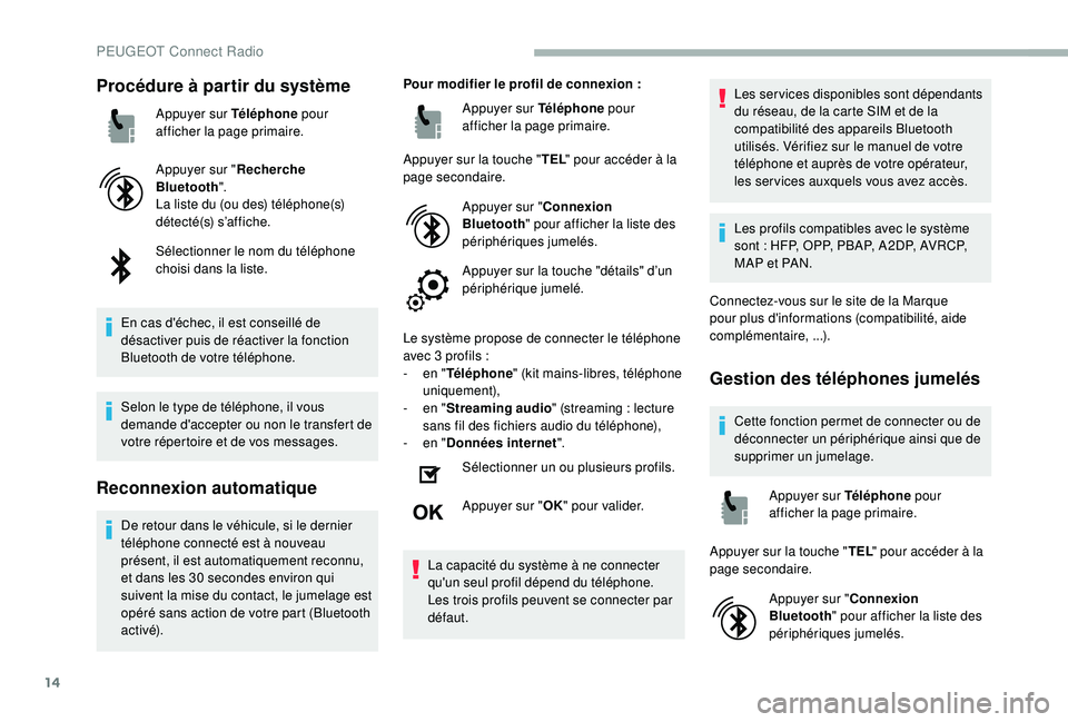 PEUGEOT 2008 2018 Manuel du propriétaire (in French) 14
Procédure à partir du système
Appuyer sur Téléphone pour
afficher la page primaire.
Appuyer sur " Recherche
Bluetooth ".
La liste du (ou des) téléphone(s)
détecté(s) s’affiche PEUGEOT 2008 2018 Manuel du propriétaire (in French) 14
Procédure à partir du système
Appuyer sur Téléphone pour
afficher la page primaire.
Appuyer sur " Recherche
Bluetooth ".
La liste du (ou des) téléphone(s)
détecté(s) s’affiche