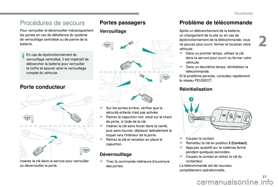 PEUGEOT 2008 2018 Manuel du propriétaire (in French) 37
Procédures de secours
Pour verrouiller et déverrouiller mécaniquement
les portes en cas de défaillance du système
de verrouillage centralisé ou de panne de la
batterie.En cas de dysfonctio PEUGEOT 2008 2018 Manuel du propriétaire (in French) 37
Procédures de secours
Pour verrouiller et déverrouiller mécaniquement
les portes en cas de défaillance du système
de verrouillage centralisé ou de panne de la
batterie.En cas de dysfonctio