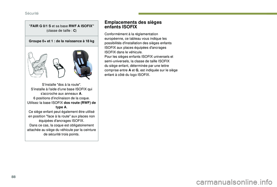 PEUGEOT 2008 2018 Manuel du propriétaire (in French) 88
Emplacements des sièges
enfants ISOFIX
Conformément à la réglementation
européenne, ce tableau vous indique les
possibilités d'installation des sièges enfants
ISOFIX aux places équi PEUGEOT 2008 2018 Manuel du propriétaire (in French) 88
Emplacements des sièges
enfants ISOFIX
Conformément à la réglementation
européenne, ce tableau vous indique les
possibilités d'installation des sièges enfants
ISOFIX aux places équi