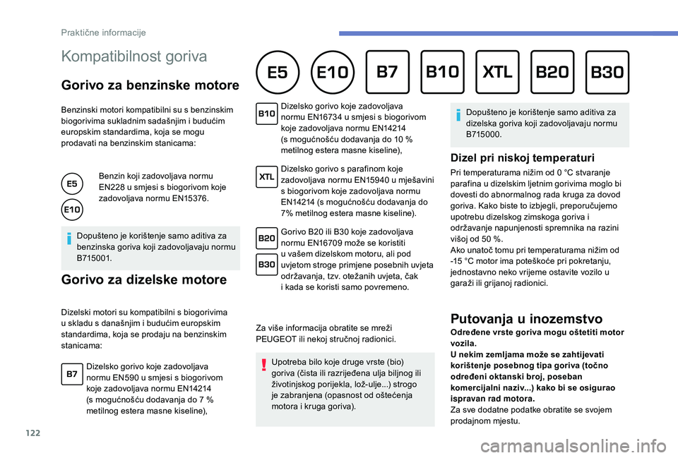 PEUGEOT 2008 2018 Upute Za Rukovanje (in Croatian) 122
Kompatibilnost goriva
Gorivo za benzinske motore
Benzinski motori kompatibilni su s benzinskim
biogorivima sukladnim sadašnjim i budućim
europskim standardima, koja se mogu
prodavati na PEUGEOT 2008 2018 Upute Za Rukovanje (in Croatian) 122
Kompatibilnost goriva
Gorivo za benzinske motore
Benzinski motori kompatibilni su s benzinskim
biogorivima sukladnim sadašnjim i budućim
europskim standardima, koja se mogu
prodavati na