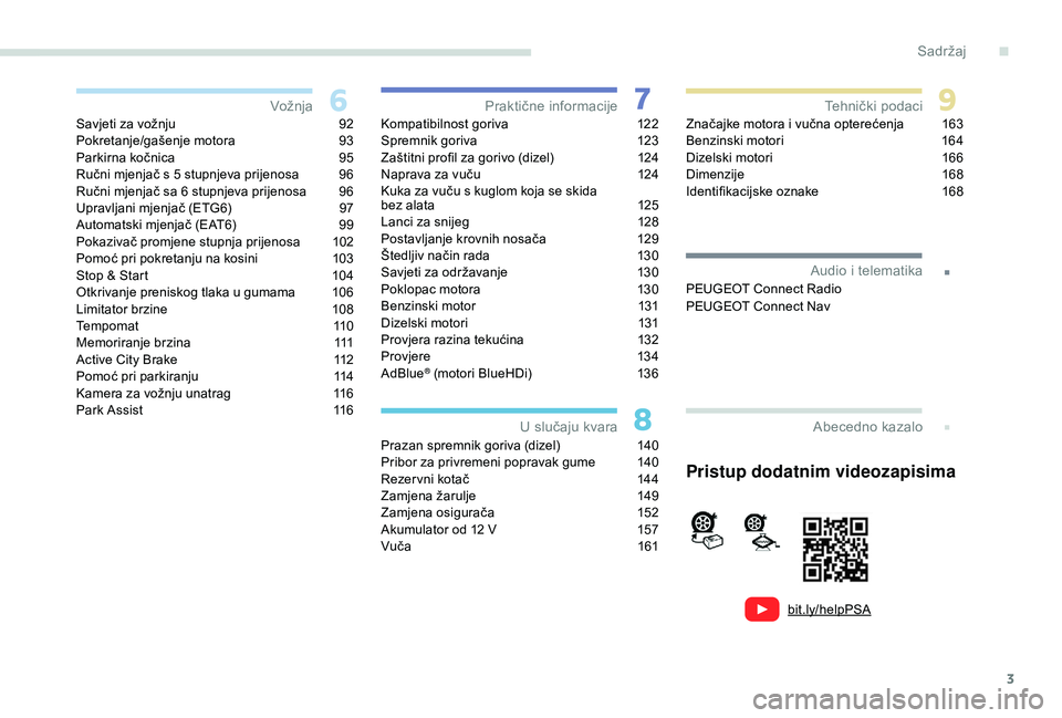 PEUGEOT 2008 2018  Upute Za Rukovanje (in Croatian) 3
.
bit.ly/helpPSA
.
Savjeti za vožnju 92
Pokretanje/gašenje motora 93
P
arkirna kočnica  
9
 5
Ručni mjenjač s 5 stupnjeva prijenosa
 
9
 6
Ručni mjenjač sa 6 stupnjeva prijenosa
 
9
 6
Upravl