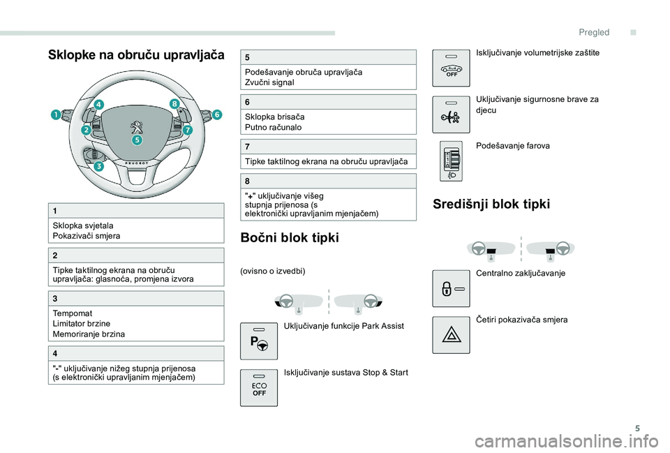 PEUGEOT 2008 2018  Upute Za Rukovanje (in Croatian) 5
Sklopke na obruču upravljača5
Podešavanje obruča upravljača
Zvučni signal
6
Sklopka brisača
Putno računalo
7
Tipke taktilnog ekrana na obruču upravljača
8
"+ " uključivanje višeg