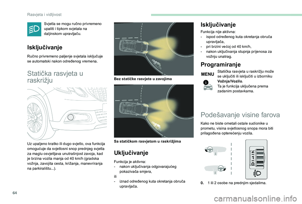PEUGEOT 2008 2018  Upute Za Rukovanje (in Croatian) 64
Svjetla se mogu ručno privremeno 
upaliti i tipkom svjetala na 
daljinskom upravljaču.
Isključivanje
Ručno privremeno paljenje svjetala isključuje 
se automatski nakon određenog vremena.
Stat