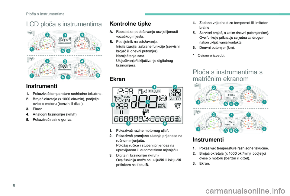 PEUGEOT 2008 2018  Upute Za Rukovanje (in Croatian) 8
LCD ploča s instrumentima
InstrumentiKontrolne tipke
A.
Reostat za podešavanje osvijetljenosti 
vozačkog mjesta.
B. Podsjetnik na održavanje.
Inicijalizacija izabrane funkcije (ser visni 
broja�