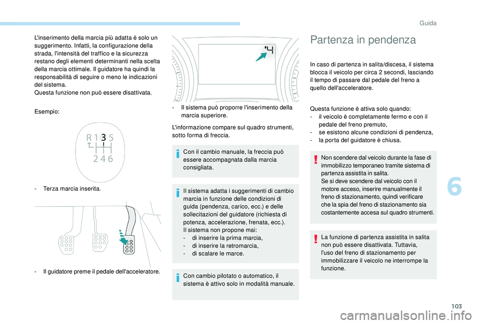 PEUGEOT 2008 2018 Manuale duso (in Italian) 103
Esempio:
-
T
erza marcia inserita.
-
I
l guidatore preme il pedale dell'acceleratore. -
I l sistema può proporre l'inserimento della
marcia superiore.
L'informazione compare sul PEUGEOT 2008 2018 Manuale duso (in Italian) 103
Esempio:
-
T
erza marcia inserita.
-
I
l guidatore preme il pedale dell'acceleratore. -
I l sistema può proporre l'inserimento della
marcia superiore.
L'informazione compare sul