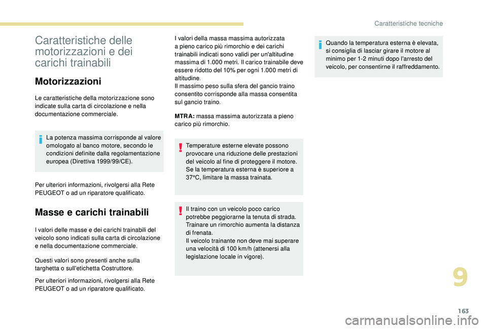 PEUGEOT 2008 2018 Manuale duso (in Italian) 163
Caratteristiche delle
motorizzazioni e dei
carichi trainabili
Motorizzazioni
Le caratteristiche della motorizzazione sono
indicate sulla carta di circolazione e nella
documentazione commercial PEUGEOT 2008 2018 Manuale duso (in Italian) 163
Caratteristiche delle
motorizzazioni e dei
carichi trainabili
Motorizzazioni
Le caratteristiche della motorizzazione sono
indicate sulla carta di circolazione e nella
documentazione commercial