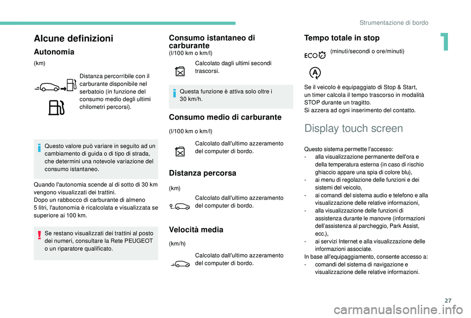 PEUGEOT 2008 2018 Manuale duso (in Italian) 27
Alcune definizioni
Autonomia
(k m)Distanza percorribile con il
carburante disponibile nel
serbatoio (in funzione del
consumo medio degli ultimi
chilometri percorsi).
Questo valore può variare PEUGEOT 2008 2018 Manuale duso (in Italian) 27
Alcune definizioni
Autonomia
(k m)Distanza percorribile con il
carburante disponibile nel
serbatoio (in funzione del
consumo medio degli ultimi
chilometri percorsi).
Questo valore può variare